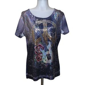 Under Glass SEQUIN Front Shirt~PEACE SIGN~GUITAR~ROSES~NWT~M